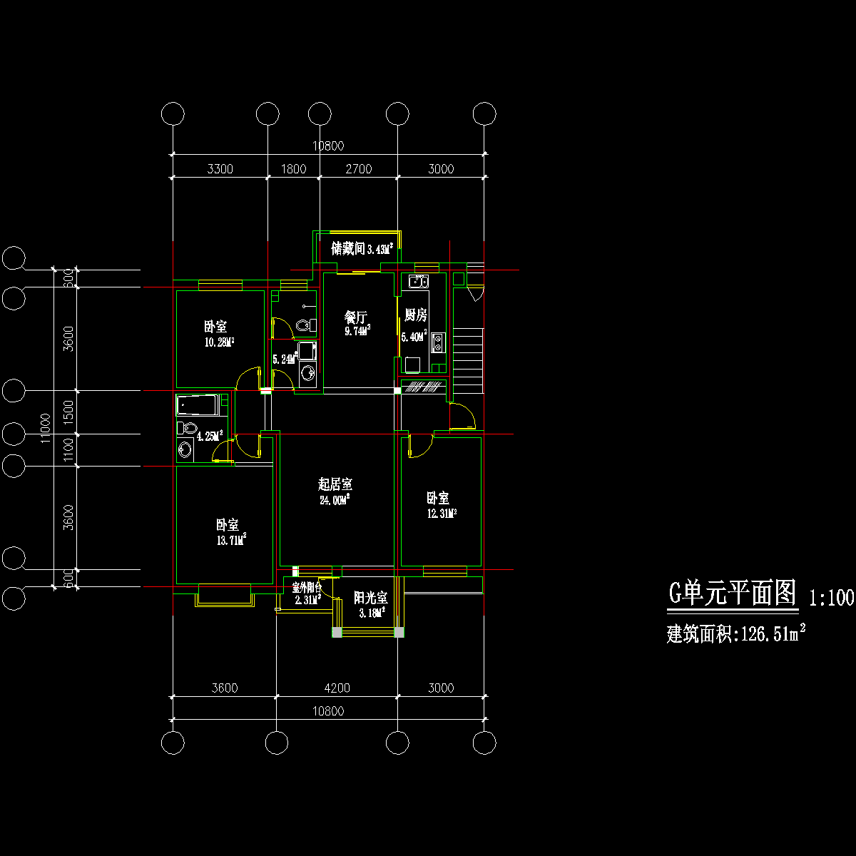 板式多层三室单户户型CAD图纸(127)