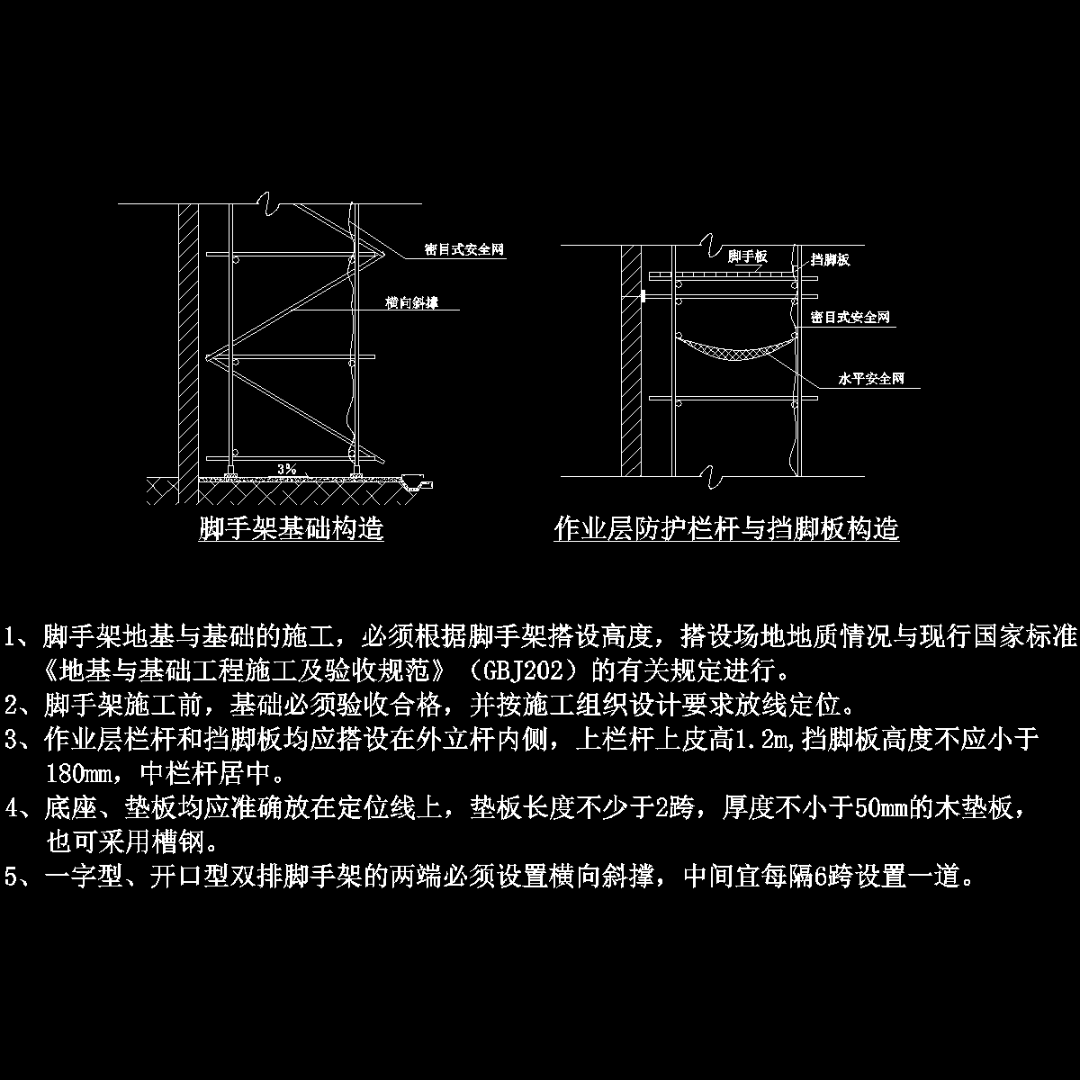 脚手架基础、作业层防护栏杆与挡脚板构造详图纸cad