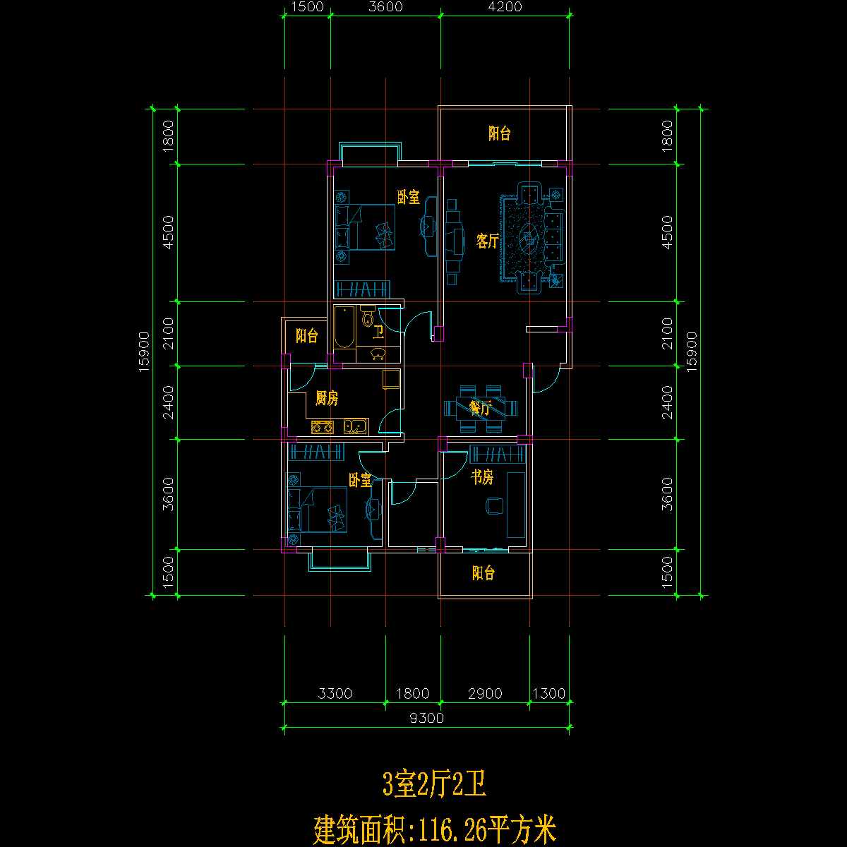 板式多层单户三室二厅二卫户型CAD图纸(116)