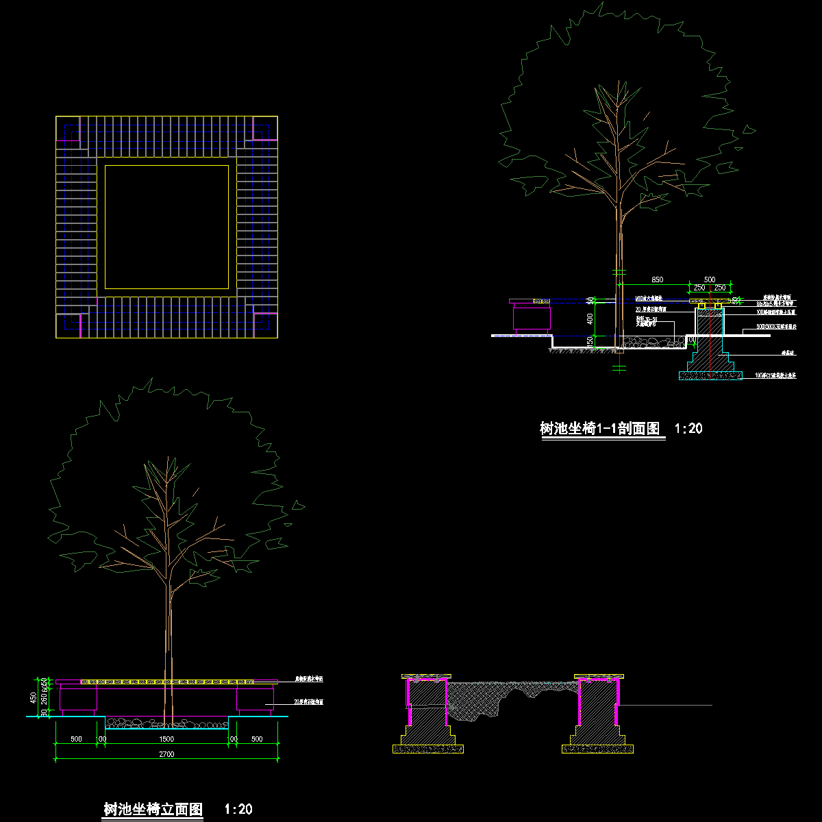 四方形围树座椅施工大样_CAD