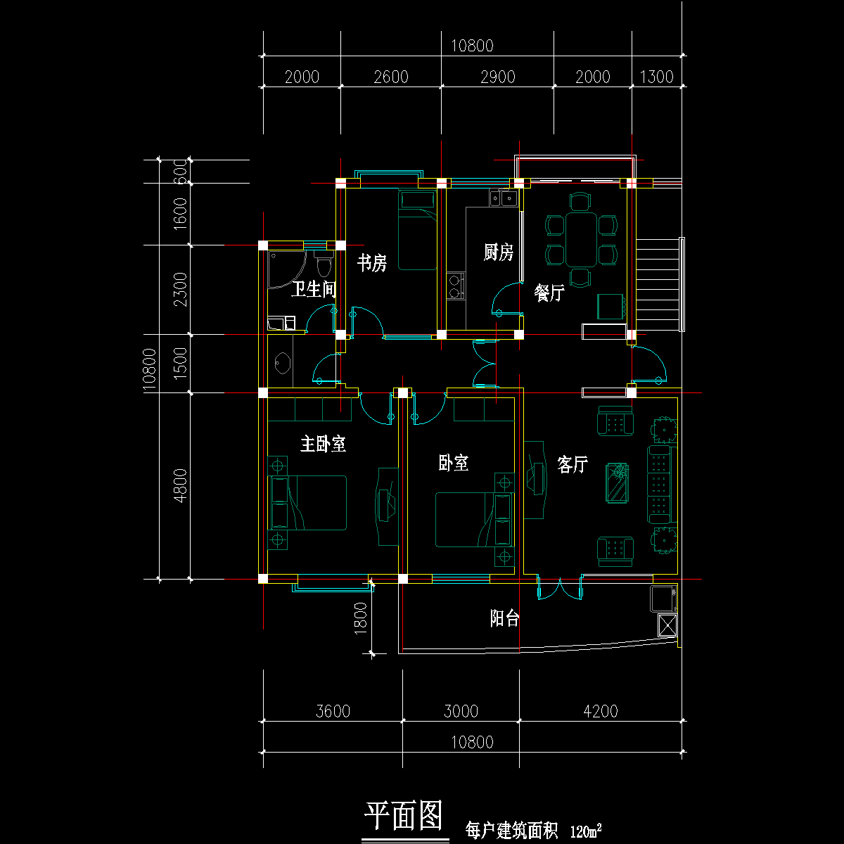 板式多层单户三室二厅一卫户型CAD图纸(120)