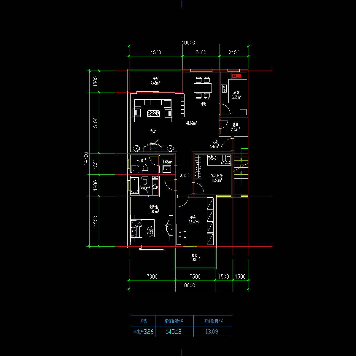 板式多层一梯两户三室一厅二卫户型CAD图纸(145/145)