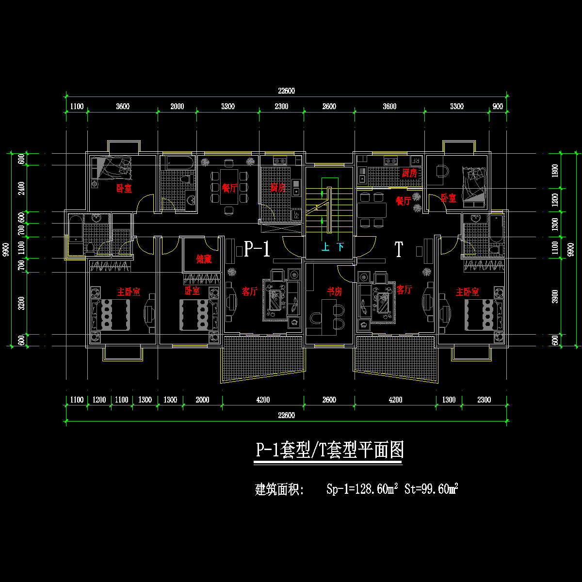 板式多层一梯两户户型CAD图纸(129/100)