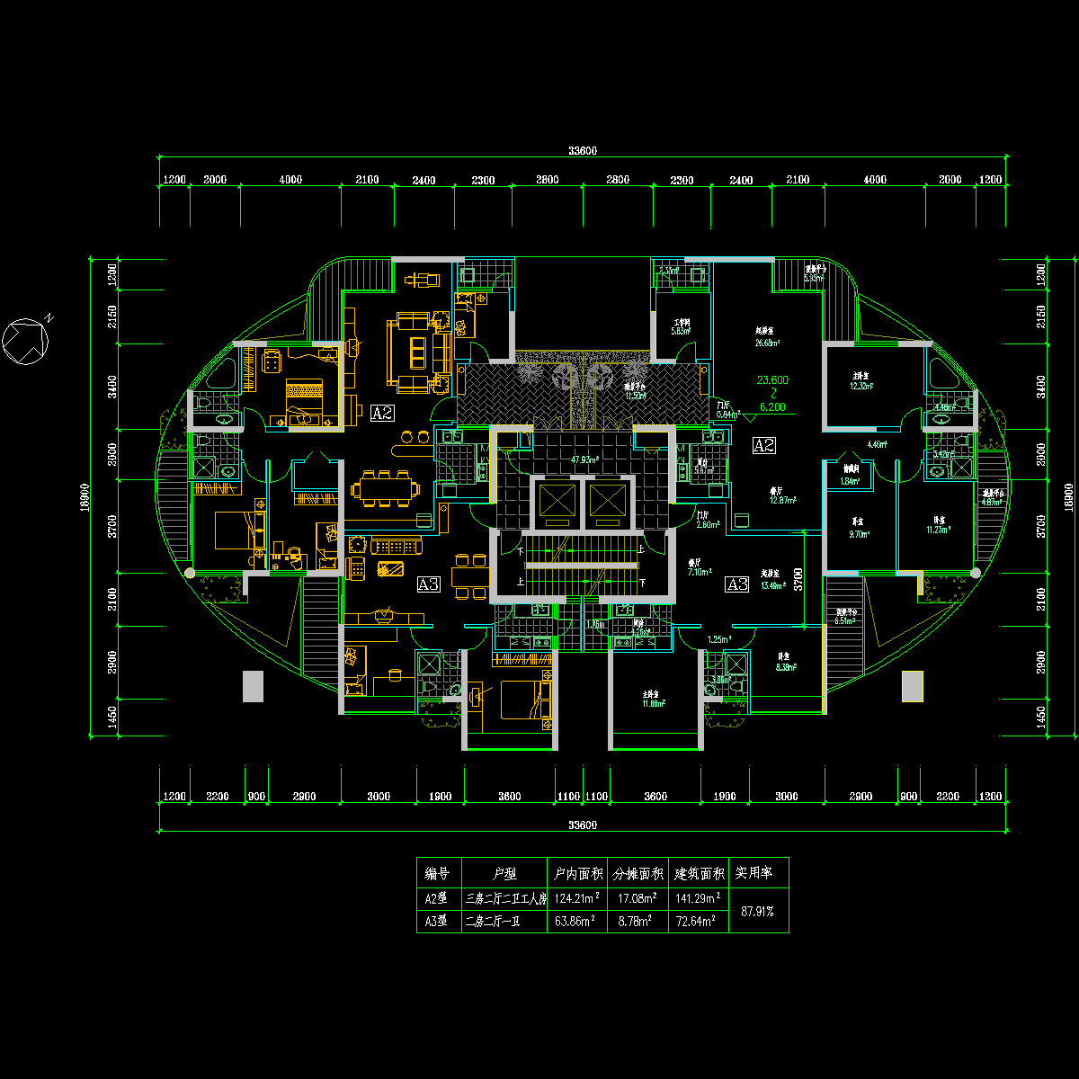 一梯四户复式带花园户型（141/73/141/73）_CAD