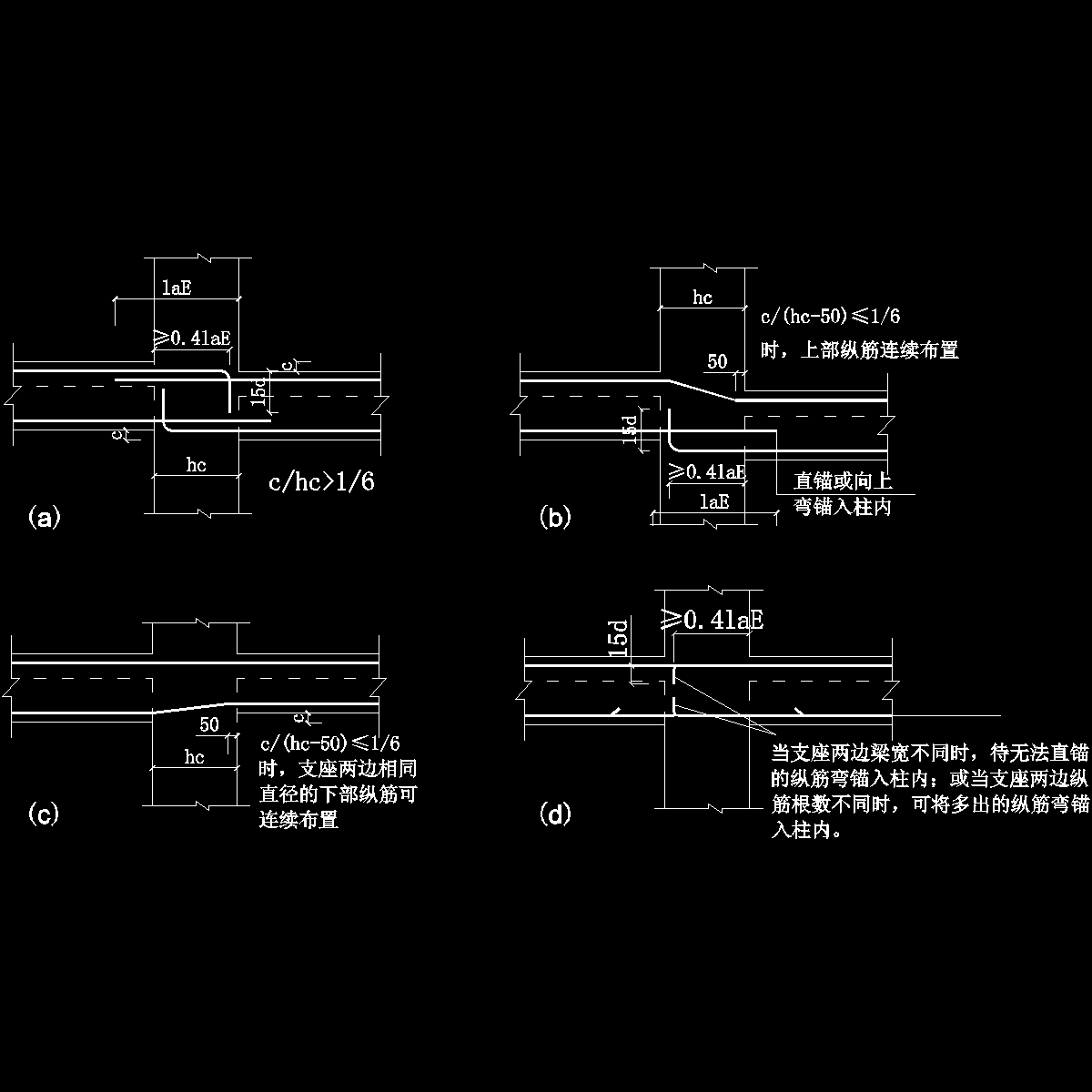 框柱两侧梁高宽不等时纵筋构造示意图纸cad节点详图