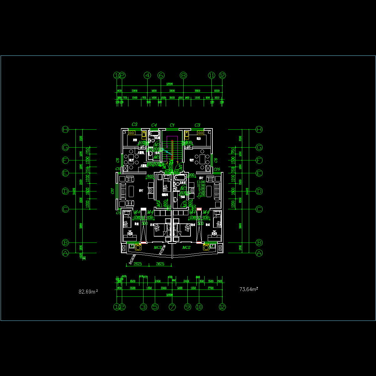 板式多层一梯二户户型CAD图纸(83/74)