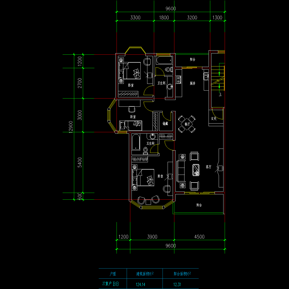 板式高层三室一厅单户户型CAD图纸(124)