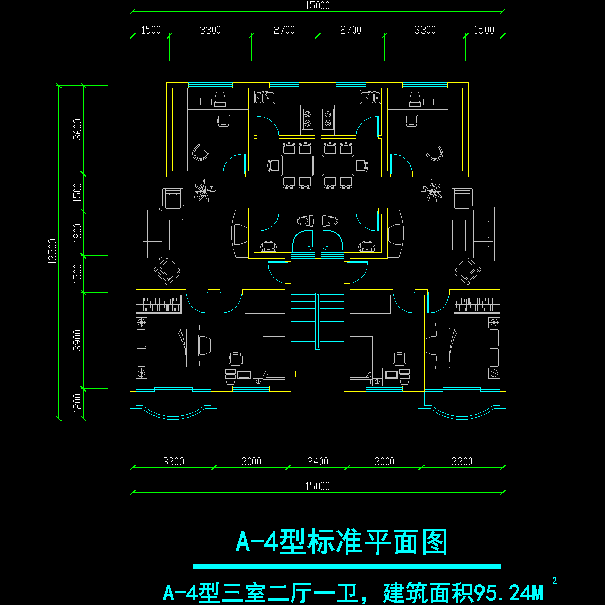板式多层一梯二户三室二厅一卫户型CAD图纸(95/95)