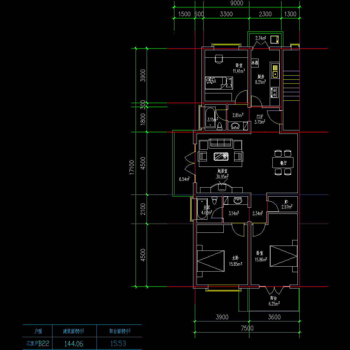 板式多层一梯两户三室一厅二卫户型CAD图纸(144/144)