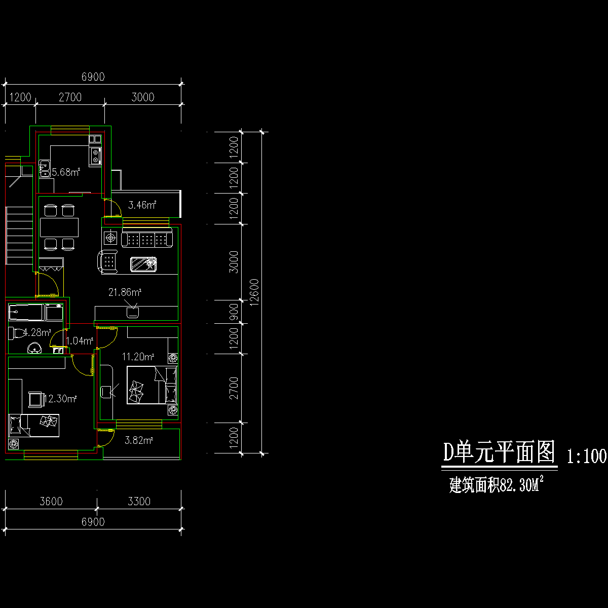 板式多层三室单户户型CAD图纸(137)