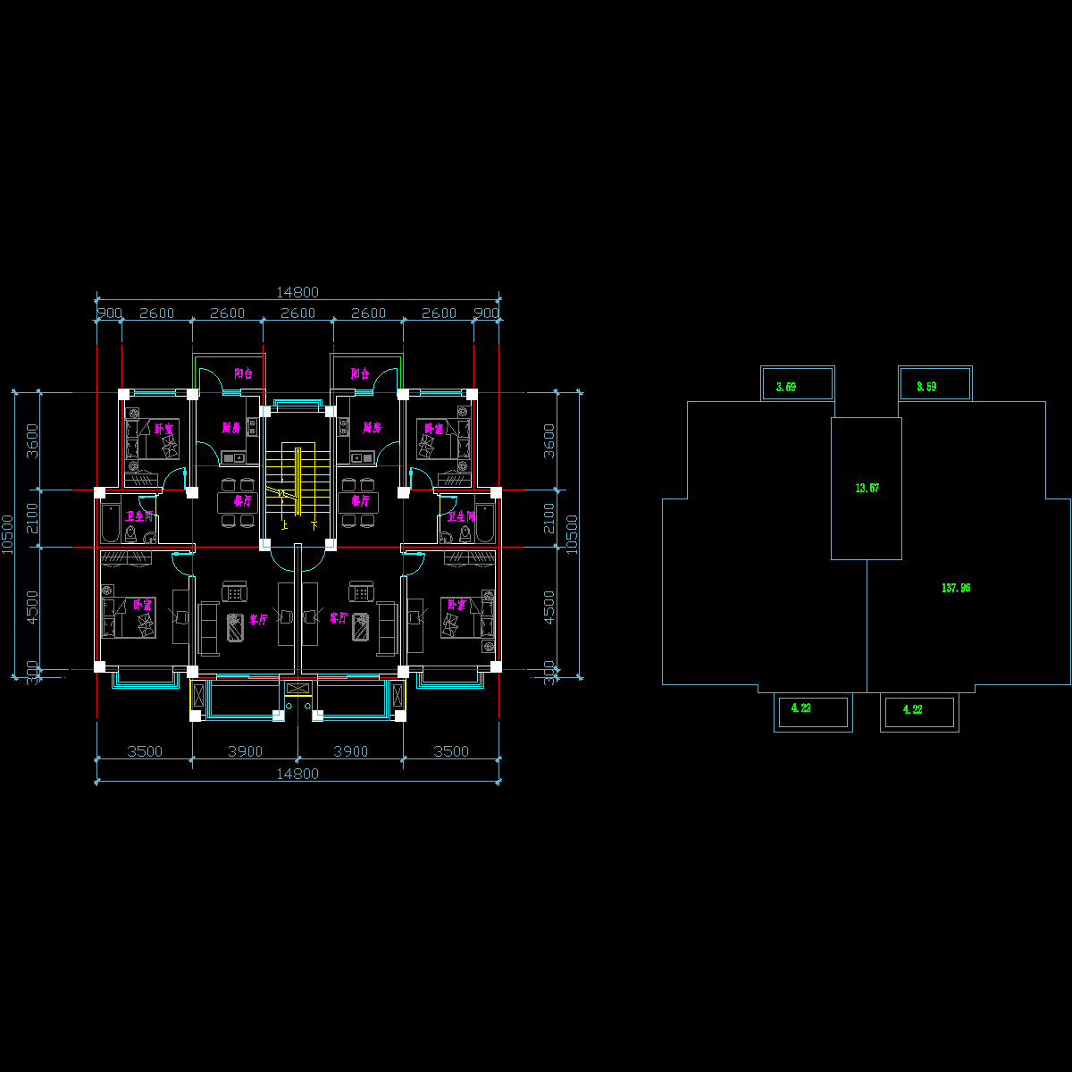 板式多层一梯二户二室一厅一卫户型CAD图纸(80/80)