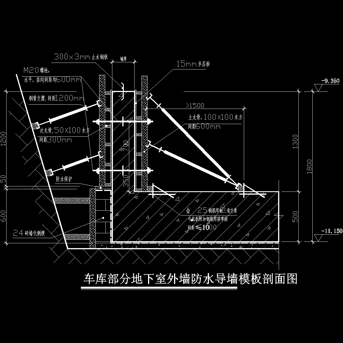 国内住宅项目车库部分地下室外墙防水导墙模板剖面图纸cad