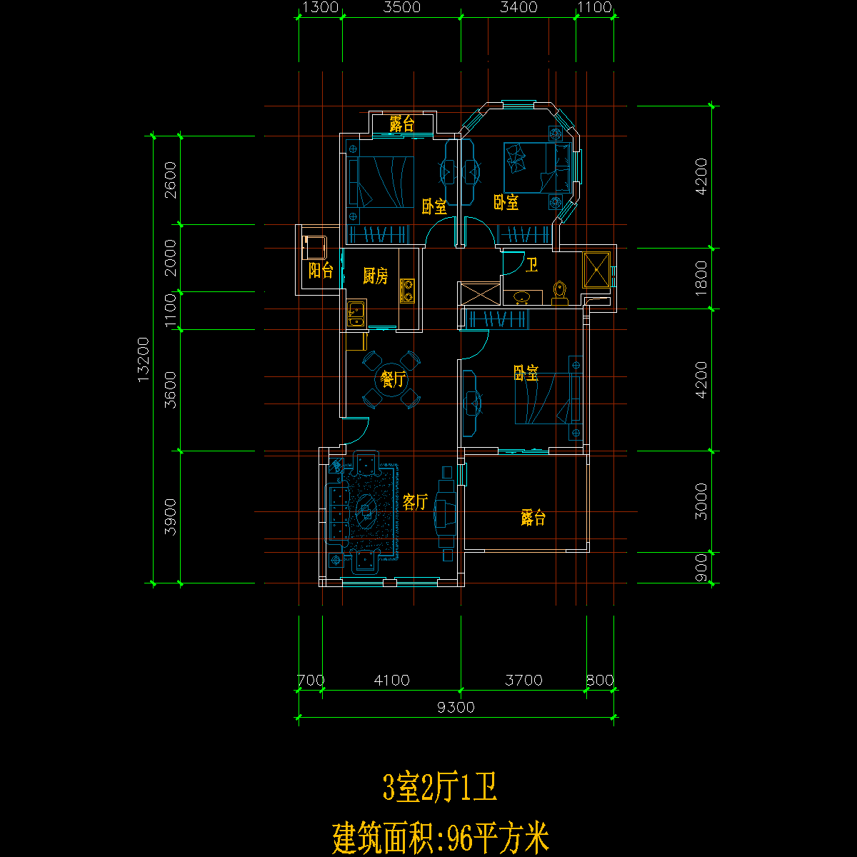 板式多层单户三室二厅一卫户型CAD图纸(96)