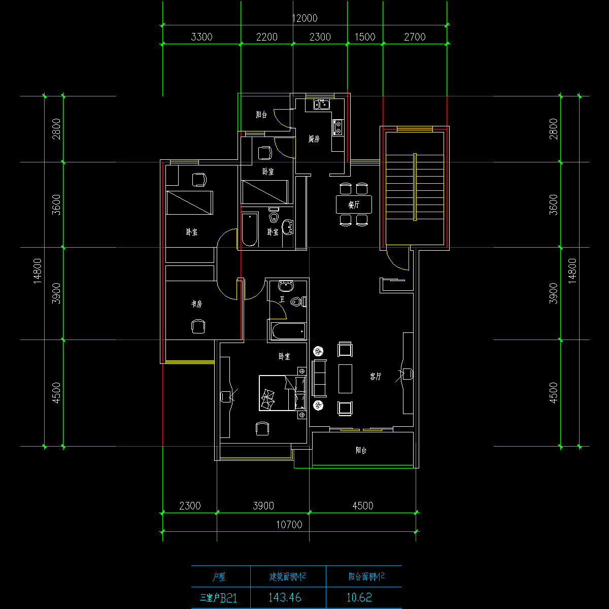板式多层一梯两户三室一厅二卫户型CAD图纸(143/143)